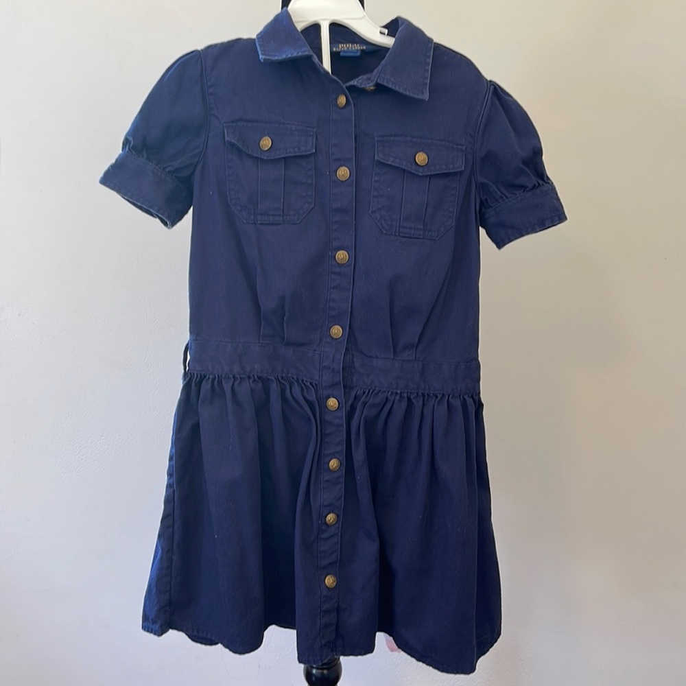 Polo Ralph Lauren Dress Empire Waist Gold Button Front Blue Denim Youth Girls 10
